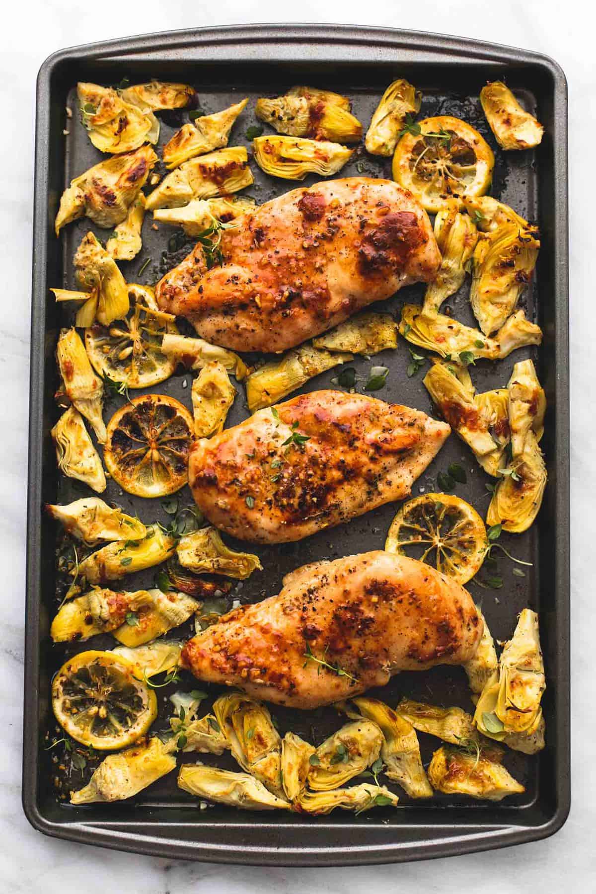 One Pan Baked Lemon Chicken and Artichokes