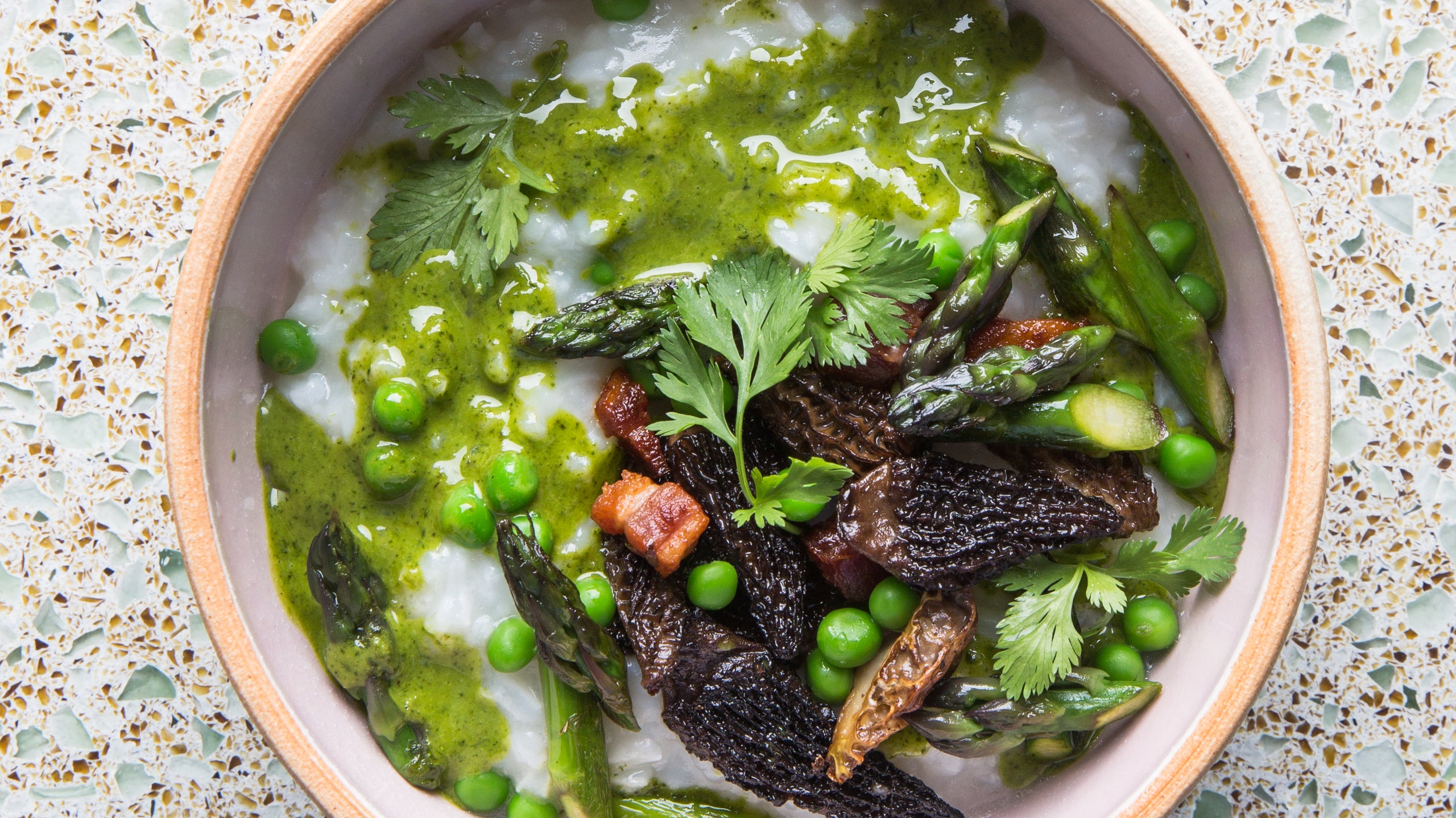 Congee with Spring Vegetables and Green Garlic Oil